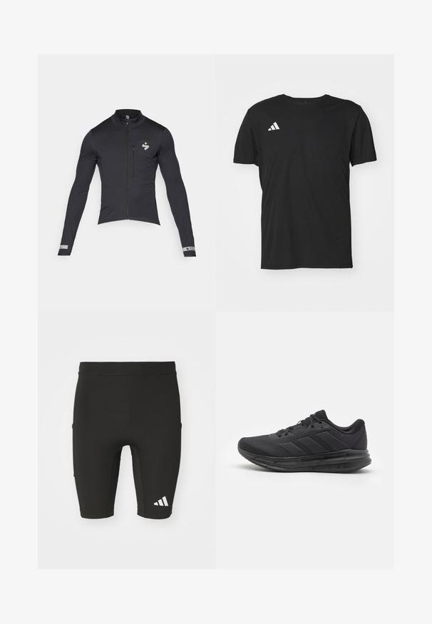 Fekete kerékpáros dzseki hosszú ujjal, cipzáras elejével és magas gallérral; fényvisszaverő logóval és kiegészítőkkel rendelkezik; sima, rugalmas anyagból készült.; Fekete sport póló, könnyű anyagból készült, rövid ujjú és kerek nyakkivágással. Az upper bal oldalon fehér Adidas logó található.; Fekete sportnadrág, illeszkedő kialakítással, rugalmas anyagból készült. Három zseb található rajta, és a bal alsó lábán fehér Adidas logó látható.; Fekete sportcipő, hálós felsőrésszel, gumitalppal, textúrált dizájnnal és háromcsíkos részlettel az oldalon. Habpárnázás a kényelem érdekében.