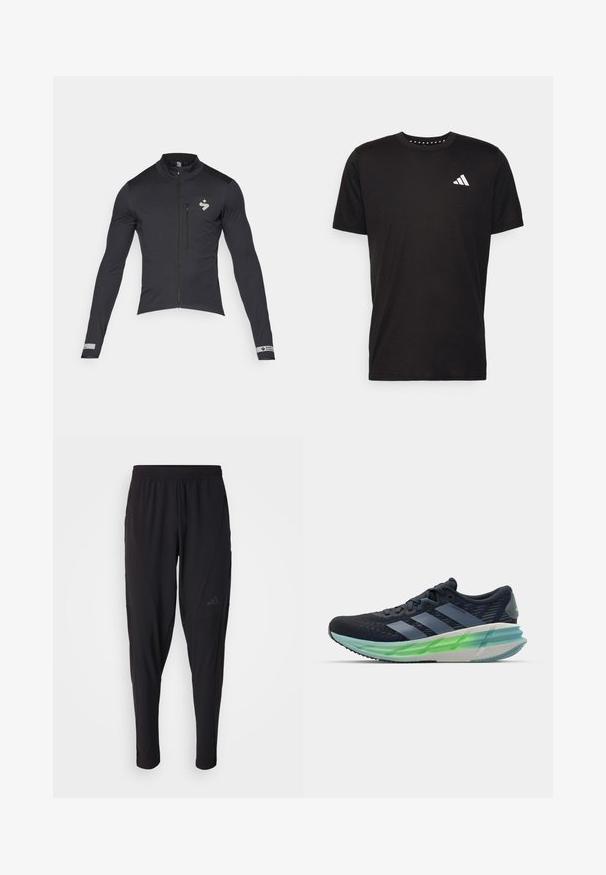 Juodas dviračio švarkas su ilgomis rankovėmis, užtrauktuku priekyje ir aukšta apykakle; turi atspindinčią logotipą ir akcentus; lygus, tamprus audinys.; Juodas medvilnės marškinėliai trumpomis rankovėmis, su apvalia iškirpte ir balta logo kairiajame krūtinės šone. Lygus tekstūra ir paprastas dizainas.; Juodos sportinės kelnės su elastinga juosmeniu, siaurėjantis dizainas, šoninės kišenės ir subtilus logotipo detalė. Pagamintos iš lankstaus, kvėpuojančio audinio.; Juodas ir mėlynas sportinis batai su tinklelio viršumi, trimis baltomis juostelėmis, žaliai permatoma pada ir akivaizdžiu tekstūruotu raštu. Lengvas dizainas.