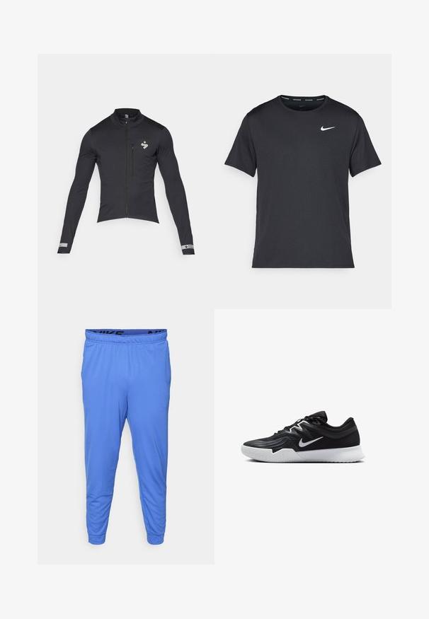 Must musta jalgratta jope pikkade varrukatega, lukuga ees ja kõrge kraega; sisaldab peegeldavat logo ja aktsente; sile ja veniv kangas.; Mustamust Nike'i jooksupaita, mis on valmistatud kergest ja hingavast materjalist, lühikeste varrukatega ja mille rinnal on väike valge logo.; Meeste sinised spordipüksid, mis on valmistatud kergest kangast, elastse vöökoha ja musta logoga, ning kitsenevad sääred pahkluude juures.; Must mustad jalanikesad rikaste ülaservaga, valge Nike swoosh'i ja valge kummist välispõhjaga. Omab paeltega sulgemisdetaili ja dünaamilist kuju.