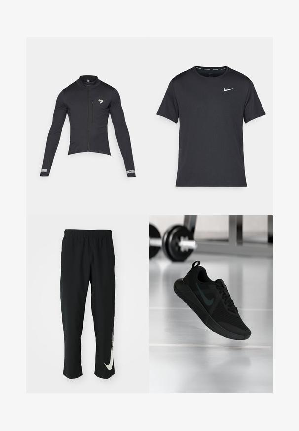 Jachetă de ciclism neagră cu mâneci lungi, fermoar frontal și guler înalt; prezintă logo și accente reflective; material neted și elastic.; Tricou de alergare Nike negru, fabricat dintr-un material ușor și respirabil, cu mâneci scurte și un mic logo alb pe piept.; Pantaloni sport negri cu talie elastică, design conic, având un mare logo alb Nike pe piciorul stâng. Material moale, ușor.; Pantof sportiv negru cu partea superioară din plasă texturată, talpă de cauciuc și un logo Swoosh întunecat proeminent. Dispune de un guler căptușit și un design cu șireturi.
