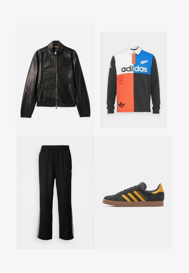Melnas ādas jaka ar rāvējslēdzēja aizdari, stāvošu apkakli un divām rāvējslēdzēju sānu kabatām. Zeltaini elementi un logotipa reljefs.; Krāsaini blokota garām piedurknēm polo krekls melnā, baltā, oranžā un zilā krāsā, ar apkakli, pogu aizdari un izteiksmīgu Adidas zīmolu.; Melni sporta bikses ar elastīgu jostas vietu, kurām ir baltas sānu svītras un neliels logotips. Materiāls izskatās mīksts un viegls.; Melnas zamšādas kedas ar dzelteniem akcentiem, kurām ir trīs svītras un brūna gumijas zole. Iekļauta mīksta valkāšanas tongue komfortam.