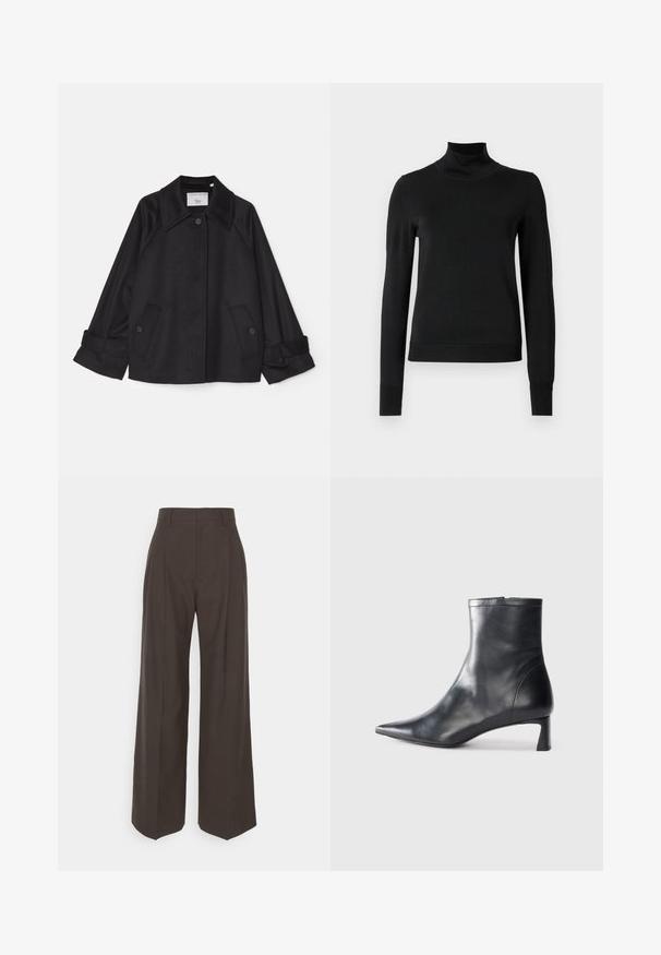 Black jacket made of soft fabric featuring a pointed collar, two front pockets with buttons, and rolled-up cuffs. Minimalist design.; Black long-sleeve turtleneck sweater with ribbed cuffs and hem, displayed on a plain white background.; Dark brown wide-leg trousers with a high waist, featuring neatly pressed creases, smooth texture, and a tailored fit.; Black leather ankle boot with a pointed toe and a sleek design. Features a low heel and a zipper closure at the back. Smooth texture.