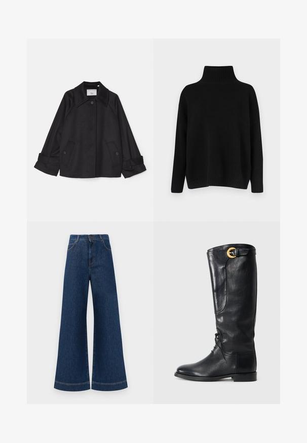Zwarte jack gemaakt van zacht stof met een puntige kraag, twee voorzakken met knopen en opgerolde mouwen. Minimalistisch ontwerp.; Zwarte gebreide trui met een hoge, geribbelde kraag, verlaagde schouders en een ontspannen pasvorm. Voorzien van geribbelde manchetten en zoom voor textuur.; Brede blauwe denimjeans met een hoge taille, voorzien van een knoopsluiting, riemlussen en subtiele stikdetails langs de zakken en zoom.; Zwarte leren kniehoge laars met een ronde neus, vetersluiting aan de voorkant, zijdetail en een gouden accent gesp aan de bovenkant. Eersteklas afwerking.