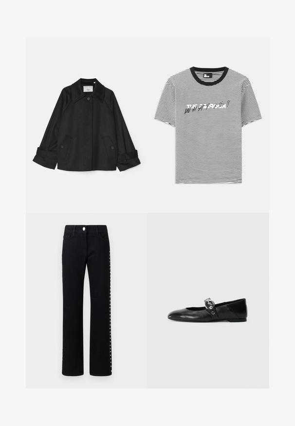 Melna jaka, kas izgatavota no mīksta auduma, ar punktētu apkakli, divām priekšējām kabatām ar pogām un sarullētām piedurknēm. Minimalistisks dizains.; Melna un balta svītraina T-kreklā ar melnu apaļu kakla izgriezumu. Priekšpusē ir izkropļota teksta grafika baltā un pelēkā krāsā uz krūtīm.; Melni džinsi ar taisna piegriezuma kājām, ar sudraba kniedēm gar ārējo malu un standarta jostasvietu ar pogu aizdari.; Melnas ādas baleta kurpes ar smailu purngalu, ar siksniņu ar apaļu metāla sprādzi un platu zoli.