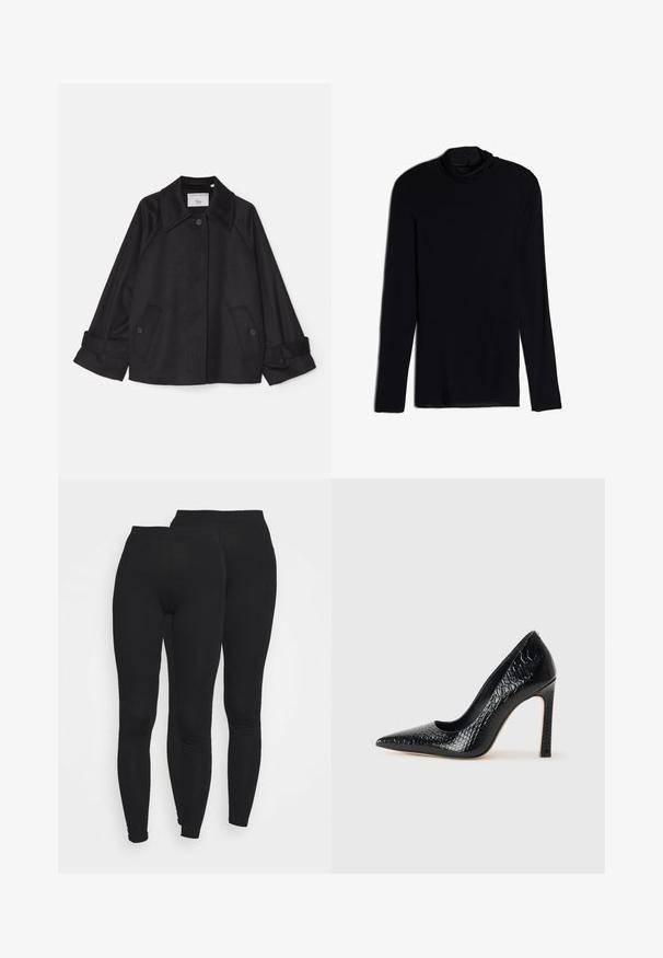 Zwarte jack gemaakt van zacht stof met een puntige kraag, twee voorzakken met knopen en opgerolde mouwen. Minimalistisch ontwerp.; Zwarte langemouwen top met een cowlneck, gemaakt van een zachte, gladde stof; aansluitend ontwerp met rechte zoom en geen zichtbare naden.; Zwarte legging met een elastische tailleband, gemaakt van een gladde, rekbare stof. Kenmerkt zich door een aansluitend ontwerp dat naar de enkels toe smaller wordt.; Zwarte puntige hoge hak schoen met een krokodillenleren textuur, met een slank ontwerp, hoge stiletto-hak, en een gladde zwarte binnenkant.