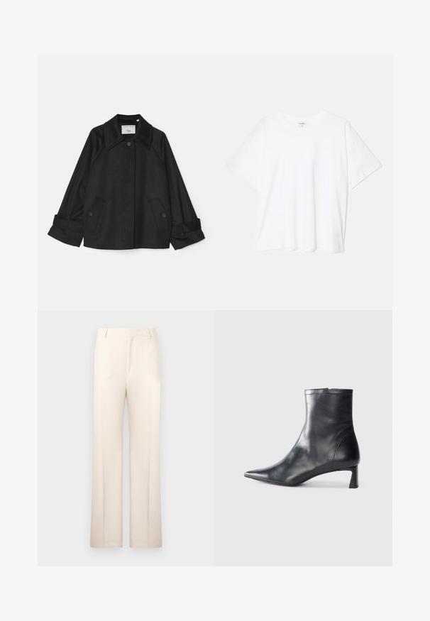 Czarna kurtka wykonana z miękkiego materiału, z zaostrzonym kołnierzem, dwoma frontowymi kieszeniami z guzikami oraz podwiniętymi mankietami. Minimalistyczny design.; Biała bawełniana koszulka z krótkim rękawem, okrągłym dekoltem, luźnym krojem i przeszytym brzegiem. Metka widoczna wewnątrz dekoltu.; Beżowe spodnie o prostym kroju, uszyte z lekkiego materiału. Posiadają fałdy z przodu i klasyczny pas.; Czarne skórzane botki sięgające kostki z ostrym noskiem i eleganckim designem. Posiadają niski obcas oraz zamek błyskawiczny z tyłu. Gładka faktura.