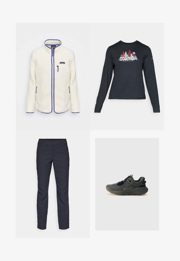 Fleece jacket in off-white with blue accents. Features a high collar, front zip, and zippered side pockets. Textured fabric finish.; Long-sleeve dark gray shirt with a graphic of red trees and mountains; "COLUMBIA" logo in bold white text. Soft fabric, standard crew neck.; Navy blue pants made of smooth fabric, featuring a front button closure, slim-fit design, and creased detailing at the knees.; Columbia TERRASTRIDE CRZ - Hiking shoes - shark/black