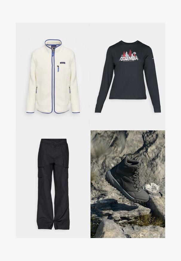Fleecejacka i off-white med blå accenter. Har hög krage, framdragkedja och dragkedjefickor på sidan. Texturerad tygfinish.; Långärmad mörkgrå tröja med grafik av röda träd och berg; "COLUMBIA"-logotyp i fet vit text. Mjukt tyg, standard rund hals.; Columbia BREA FALLS™ COTTON RIPSTOP PANT - Friluftsbyxor - black; Mörkgrå vandringskänga i syntetmaterial, med vadderad krage, metallöglor och strukturerad gummisula för grepp.