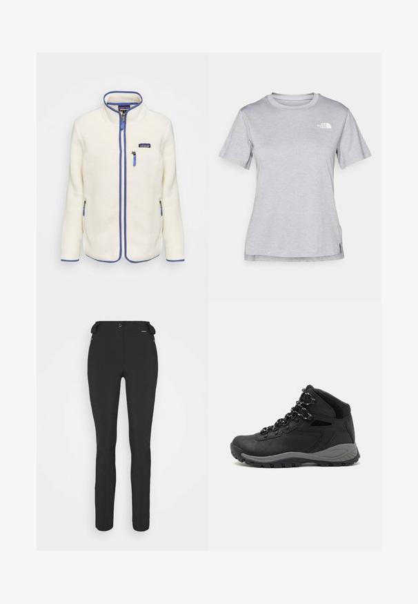 Fleece jacket in off-white with blue accents. Features a high collar, front zip, and zippered side pockets. Textured fabric finish.; Grey short-sleeve t-shirt made of soft, moisture-wicking fabric. Features a crew neck and a small white logo on the upper left.; Black, fitted pants made from a flexible material. Features include a zippered side pocket, articulated knees, and a smooth texture.; Black hiking boot with a mid-top design, featuring a textured upper, gray accents, and durable rubber sole with traction lugs.