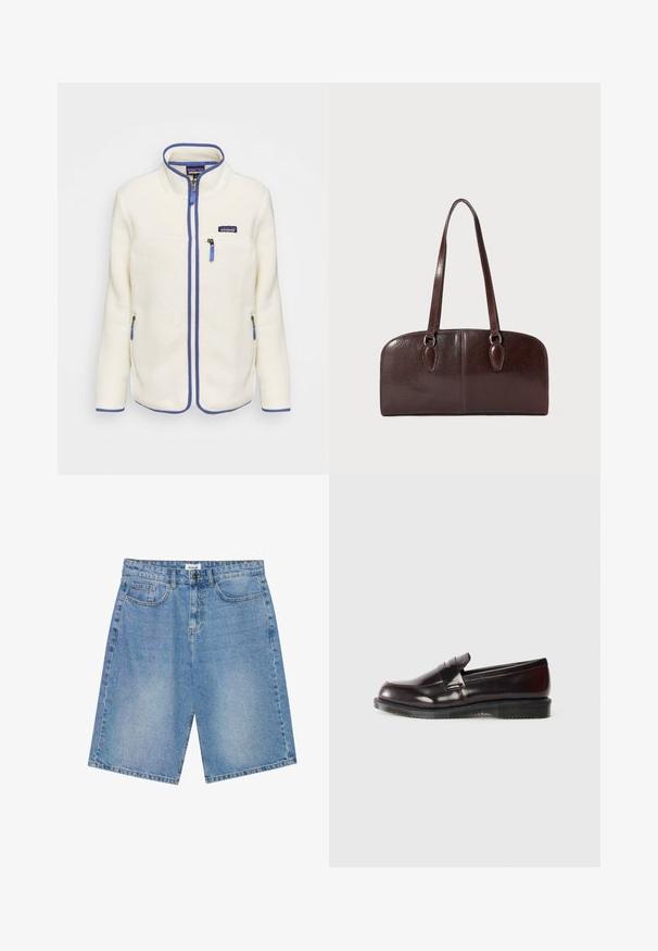 Fleecejakke i off-white med blå detaljer. Har høy krage, frontglidelås og glidelåslommer på sidene. Strukturerte tekstiloverflater.; Hvit langermet t-skjorte laget av bomull, med en liten oransje og maroon Carhartt-logo på brystet. Rund halsdesign.; Lys blå denimshorts med rett snitt, fem lommer, og kontrastsøm. Har knapp- og glidelås-lukking.; Burgunderfargede lærloafers med en glat overflate, hevet sømdetalj og gummisåle. Designet med rund tupp og minimalt med tilbehør.; Brun skinnveske med to lange håndtak, en strukturert rektangulær form, glatt tekstur og avrundede kanter. Har detaljer ved håndtakene.
