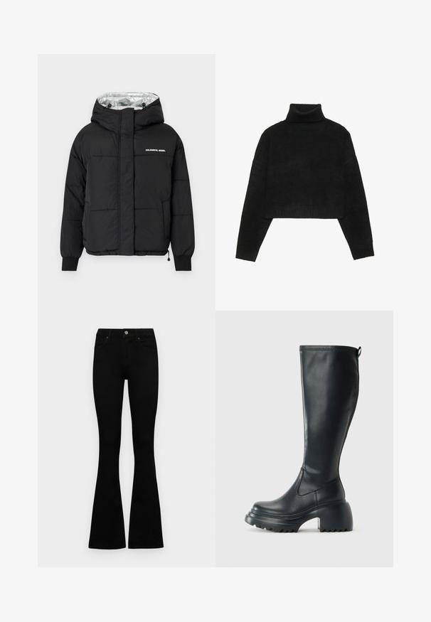 Črna puhovka s kapuco, s sijočo srebrno notranjostjo, elastičnimi manšetami in sprednjim tiskom, ki pravi "BARVIT UPORNIK."; Črn skrajšan pulover z rebrastim turtleneck in manšetami, ki se ponaša z gladko teksturo in sproščenim krojem. Preprost, minimalističen dizajn.; Črne visokotopne kavbojke z gumbom in zadrgo, sprednjimi žepi in razširjenimi hlačnicami, poleg bel background.; Visoka črna usnjena škornja s debelim podplatnim solejem in blok peto, opremljena s potegom in strukturiranim profilom na podplatu.