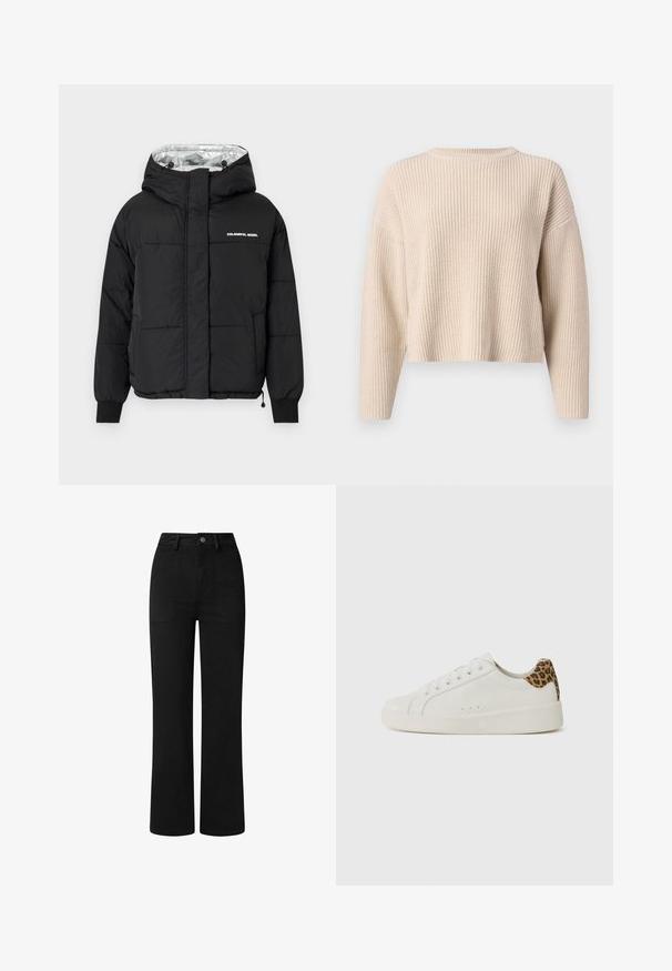 Svart boblejakke med hette, med en shiny sølvfarge innvendig, elastiske mansjetter og et fronttrykk som sier "FARGERIK REBEL."; Beige strikket genser med rund hals, lange ermer og avslappet passform. Har ribbestruktur og en cropped hem.; Sorte, høy midje bukser med rett ben-design, laget av glatt bomullsstoff. Har frontlommer og en enkel metalldeksel.; Hvit skinnsneaker med rund tå, flat såle og snøring foran. Har en leopardmønstret aksent på hælen. Glatt tekstur.