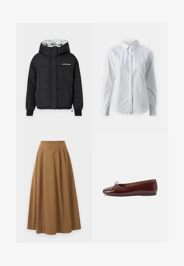 Black puffer jacket with a hood, featuring a shiny silver interior, elastic cuffs, and a front print that reads "COLOURFUL REBEL."; White button-up shirt made of smooth cotton, featuring a classic collar, long sleeves, and a curved hem. Buttons are small and white.; Brown cotton A-line skirt with a high waist, featuring pleats down the front and a smooth texture. Hem finishes are clean and simple.; Burgundy patent leather ballet flat with a rounded toe, small bow accent at the front, and a low, black rubber sole. Smooth texture.