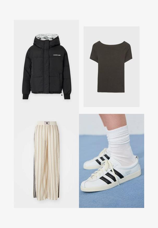 Czarna kurtka puchowa z kapturem, z błyszczącym srebrnym wnętrzem, elastycznymi mankietami oraz nadrukiem z przodu, który brzmi "KOLOROWY BUNTOWNIK."; Czarna szara bluzka z krótkim rękawem i dekoltem w kształcie łódki. Wykonana z prążkowanej tkaniny, ma luźny krój i czyste wykończenie. Prosty design, bez wzorów.; Kremowe szerokie spodnie w stylu palazzo z wzorem w zygzak, z czarnym paskiem z logo oraz bocznymi czarnymi paskami. Lekki, teksturowany materiał.; Białe skórzane sneakersy z czarnymi paskami, kremową podeszwą i jasnymi sznurowadłami. Noszone z białymi skarpetkami w prążki, umieszczone na niebieskim tle.