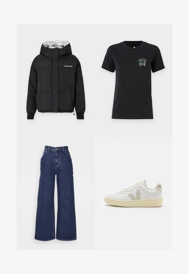 Svart boblejakke med hette, med en shiny sølvfarge innvendig, elastiske mansjetter og et fronttrykk som sier "FARGERIK REBEL."; Converse FOREST ART TEE - T-shirts med print - black; Bredde ben denim jeans i mørkeblå, med høy midje, frontlommer og glidelås med metallknapp. Glatt tekstur og klassisk design.; Hvite lær sneakers med beige semsket detaljer, perforert tåboks, flate lisser og en teksturert kremfarget såle. Har subtil branding på hælen.