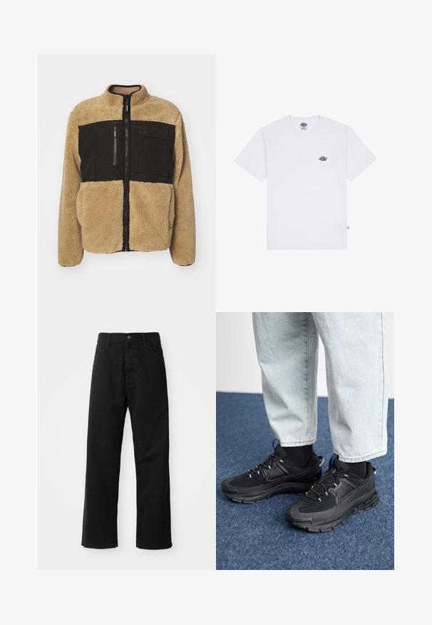 Veste en polaire beige avec une partie supérieure en nylon noir. Dotée d'un col haut, d'une fermeture éclair à l'avant et d'une poche poitrine zippée. Texturée et chaude.; T-shirt en coton blanc à manches courtes, portant un petit logo noir sur la poitrine et une étiquette dans le coin inférieur gauche.; Pantalons en denim noir à coupe droite, avec poches avant, fermeture éclair et un seul bouton supérieur. Tissu texturé avec une finition mate.; Des chaussures de sport noires avec un tissu texturé et des semelles en caoutchouc, dotées de lacets élastiques et d'un accent bleu au talon. Portées avec un pantalon en denim clair.