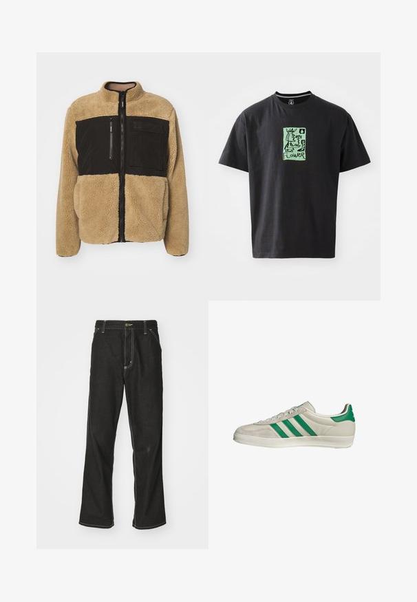 Tan fleece jacket with a black nylon upper section. Features a high collar, front zip, and a zippered chest pocket. Textured and warm.; Black cotton t-shirt featuring a green graphic illustration with the word "FLOWER." Short sleeves and a round neckline.; Black denim jeans with a loose fit, featuring contrasting white stitching, a button closure, and a straight leg design.; Beige sneaker with green stripes, featuring a white sole and a smooth leather upper. Side view highlighting lace details and logo.