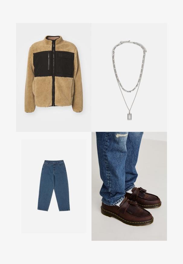 Tan fleecejacka med övre del i svart nylon. Har hög krage, framdragkedja och en ficka på bröstet med dragkedja. Strukturerad och varm.; Tre vita ribbade linnen i bomull. Har rund halsringning och små svarta etiketter vid fållen. Finns i flera storlekar.; Blå denimjeans med avslappnad passform, hög medium, femficksdesign och sömnadsdetaljer. Har knapp- och dragkedjestängning.; Bruna läderloafers med fransdetaljer, med en sydd design och en gul gummisula. Matchas med bleka blå jeans.; Silverhalsband med två lager av kedjor; har en rektangulär hängande med en slät yta som visar en polerad metallfinish.