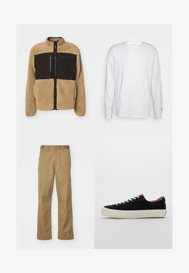 Tan fleece jacket with a black nylon upper section. Features a high collar, front zip, and a zippered chest pocket. Textured and warm.; White long-sleeved T-shirt made of cotton. Crew neck design with ribbed cuffs and a small logo on the left sleeve. Smooth texture.; Khaki chinos with a straight leg design, made of smooth cotton fabric. Features a front button closure and side pockets.; Black fabric sneaker with white laces, beige rubber sole, and red accent at the heel. Rounded toe and minimal stitching detail.