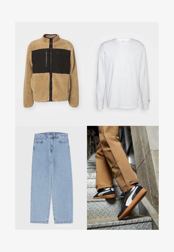 Tan fleece jacket with a black nylon upper section. Features a high collar, front zip, and a zippered chest pocket. Textured and warm.; White long-sleeved T-shirt made of cotton. Crew neck design with ribbed cuffs and a small logo on the left sleeve. Smooth texture.; Light blue denim jeans with straight leg design, featuring a mid-rise waist, five pockets, and a button and zipper closure.; Black and gray suede sneakers with white accents and gum rubber soles, worn on tan pants while ascending metal stairs.