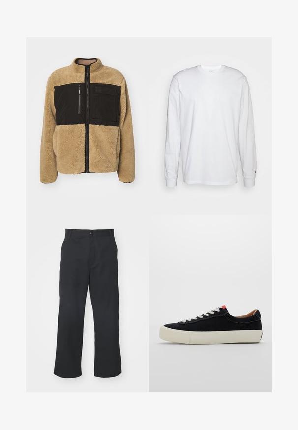 Beige fleece jack met een bovenstuk van zwart nylon. Voorzien van een hoge kraag, een ritssluiting aan de voorkant en een ritzak op de borst. Textuur is warm en comfortabel.; Witte lange mouwen T-shirt van katoen. Ronde hals ontwerp met ribgebreide manchetten en een klein logo op de linkermouw. Gladde textuur.; Zwarte, rechte broek van stof met een gladde textuur, voorzien van een voorzijde knoopsluiting en standaard zakken.; Zwarte stoffen sneaker met witte veters, beige rubberen zool en rode accent aan de hiel. Rond toe en minimale stikseldetails.
