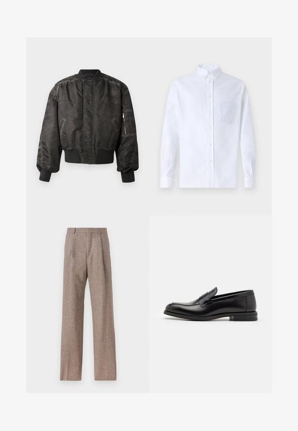 Mustakarva jope, millel on sile tekstuuriga viimistlus, soonikkoes mansetid ja äär, lukuga tasku varrukal ning minimalistlik disain.; Valge pikamaa varrukatega nööbiga särk, mis on valmistatud puuvillast ja millel on rinna tasku toon-toonis brodeeringuga, krae ja nööbiga mansetid.; Prunnid, kõrge vöökohaga püksid, mis on valmistatud tekstureeritud kangast. Omavad laiu jalgu ja kahte eesmist voldikut struktuuri jaoks. Korralik viimistlus, ilma nähtava riistvarata.; Mustad mustad nahast loafers sileda tekstuuriga, ümarat ninaosa ja dekoratiivne riba vampi üle. Madal kihiline konts, minimalistlik disain.