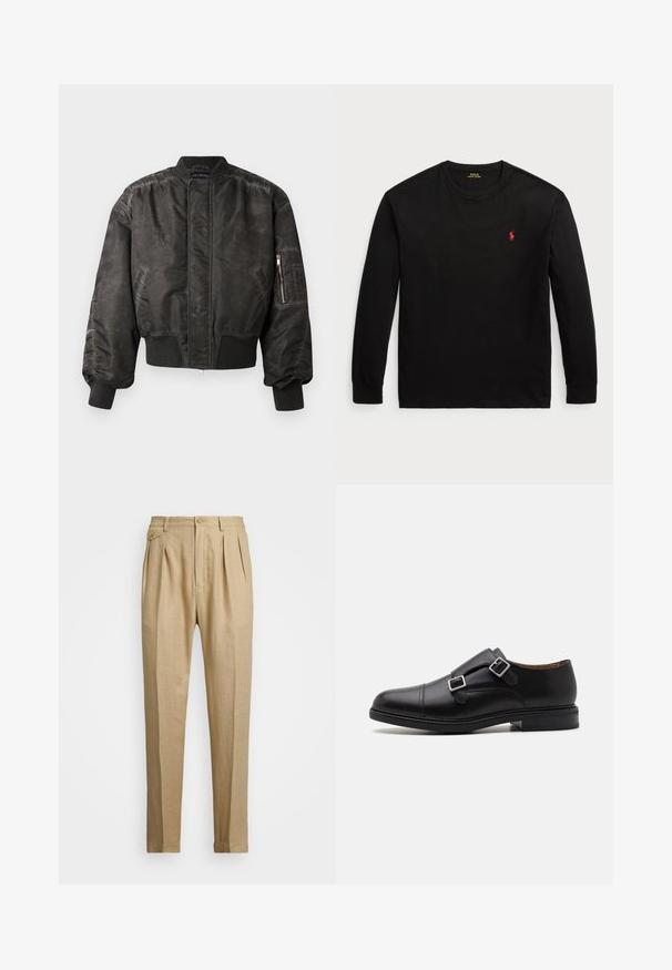 Zwarte bomberjack met een gladde, gestructureerde afwerking, geribde mouwen en zoom, ritszak op de mouw en een minimalistisch ontwerp.; Zwarte longsleeve t-shirt van katoen. Heeft een ronde hals, ribgebreide manchetten en een klein rood geborduurd logo op de borst. Vlotte textuur.; Beige linnen broek met een rechte snit, voorzien van twee voorplooien, een knoopsluiting en zijzakken. Gestructureerde stof met een gladde afwerking.; Zwarte leren dresschoenen met dubbele gesp, ronde neus, subtiele stiksels en een platte, getextureerde rubberen zool.