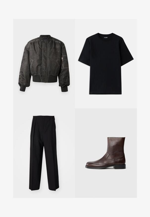 Fekete bomber dzseki sima, texturált felülettel, bordázott mandzsettákkal és hem, cipzáros zsebbel az ujjon, és minimalista dizájnnal.; Fekete pamut póló klasszikus nyakkivágással és rövid ujjal. Diszkrét logó hímezve a bal mellen. Simább, sima felület.; Fekete, pliszírozott nadrág, egyenes, széles lábakkal. Sima anyagból készült, gombos záródással és övhurkokkal rendelkezik.; Barna bőrből készült bokacsizma sima felülettel, lekerekített orral, minimális varrással és lapos fekete gumitalppal.
