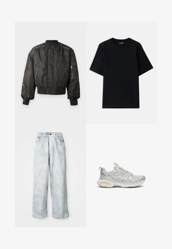 Svart bomberjacka med en slät, texturerad yta, ribbade fållar och nederkant, ficka med dragkedja på ärmen och en minimalistisk design.; Svart bomullströja med rund halsringning och korta ärmar. Har subtil logobroderi på vänstra bröstet. Slät, jämn yta.; Ljust tvättade vida jeans med hög midja, framknapp och dragkedja, bälteshällor samt fram- och bakfickor.; Grå idrottssko med ett mesh-överlägg, syntetiska överdrag och en tjock vit sula. Har en vadderad krage och texturerade detaljer.