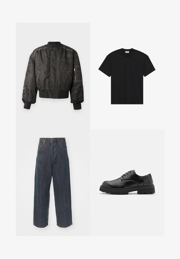 Crna bomber jakna s glatkom, teksturiranom površinom, rebrastim manžetama i rubom, džepom s patentnim zatvaračem na rukavu, i minimalističkim dizajnom.; Crna kratka majica s kratkim rukavima od pamuka. Ima klasičan okrugli izrez i opušteni kroj bez vidljivih uzoraka ili naglasaka.; Široke tamnoplave traperice s blagim istrošenim izgledom, pet džepova i klasičnim kopčanjem na gumbe i patentni zatvarač u struku.; Crne kožne cipele s okruglim vrhom, dizajn s vezicama i debelim, teksturiranim gumenim potplatom. Imaju šavove uz rub i glatku završnu obradu.