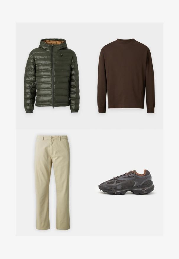 Doudoune vert olive avec capuche, dotée d'une fermeture éclair à l'avant, d'un design matelassé horizontal, de poignets élastiques et d'une doublure intérieure beige.; Chemise marron à manches longues en tissu doux, avec un col rond et une coupe droite, sans motifs ni éléments métalliques visibles.; Pantalon en coton beige avec une coupe droite, fermeture à bouton sur le devant et passants de ceinture. Texture lisse, sans motifs ou accents visibles.; Baskets Lacoste en gris foncé, en matériau mesh et synthétique, avec une semelle texturée et des accents marron sur le col et le branding.
