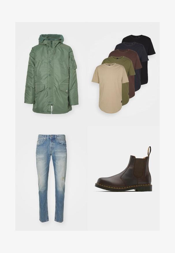 Zelená podšitá bunda s textúrovanou fleecovou kapucňou, prednými patentkami a dvoma veľkými bočnými vreckami. Obsahuje zipsové vrecko na ľavom rukáve.; Päť tričiek usporiadaných v gradientných farbách: béžová, olivová, hnedá, tmavomodrá a čierna. Vyrobené z mäkkej bavlny s krátkymi rukávmi a okrúhlym výstrihom.; Svetlomodré denimové džínsy s vyblednutým povrchom, jemné opotrebenie na kolenách, rovný strih, päťvreckový dizajn a kovové zapínanie.; Hnedé kožené Chelsea topánky s elastickými bočnými panelmi, textúrovaným podpätkom a kontrastným žltým prešívaním. Obsahujú pútko pre jednoduché obúvanie.