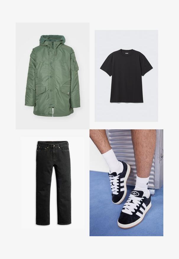 Zelena jakna s podstavom i teksturiranim kapuljačom od flisa, prednjim dugmadima na dugme i dva velika bočna džepa. Ima i zip džep na lijevoj rukavu.; Crna majica kratkih rukava od pamuka. Ima okrugli izrez i opušteni kroj. Jednostavan dizajn bez vidljivih uzoraka ili akcentskih detalja.; Crne traperice ravnog kroja s pet džepova, petljama za remen i gumbom na struku, položene su ravno na bijeloj pozadini.; Crne nubuk tenisice s bijelim vezicama i tri bijele pruge. Imaju kružni crni logo na jeziku i gumeni potplat.