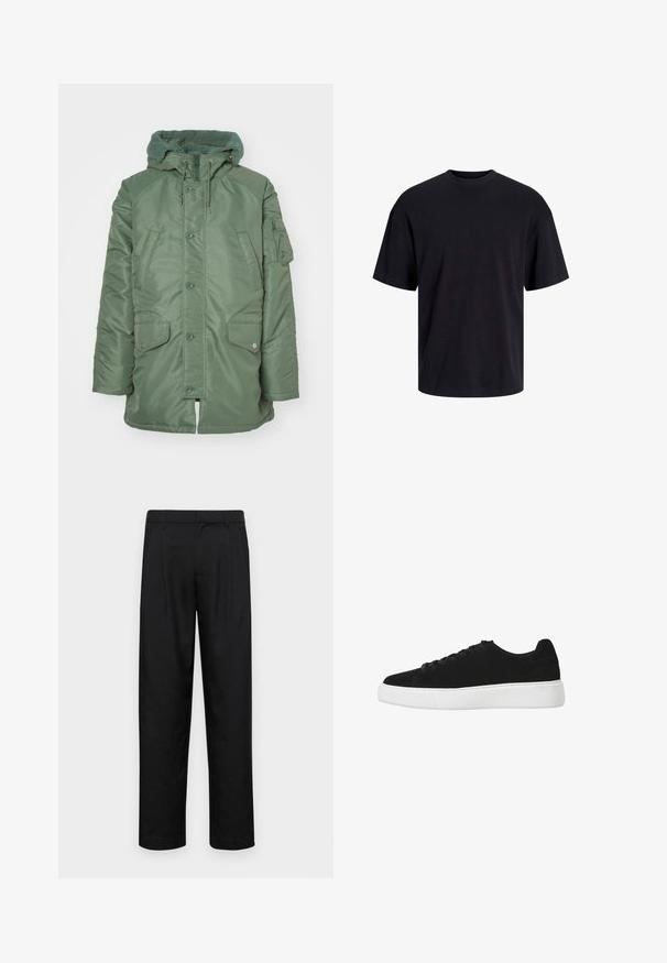 Roheline pehmete vooderdusega jope, millel on tekstuuriga fliisist kapuuts, esiküljel nööbid ja kaks suurt küljetaskut. Vasakul varrukal on samuti lukuga tasku.; Must must on mustre, lühikeste varrukatega ja vabalt langev. Sile tekstuur ja ilma nähtavate mustrite või aktsentideta.; Mustad mustadest riietest, millel on sirge jalgade disain, kaks eesmist voltimist ja tavaline vöökoht, millel on vöökohad.; Must musta ketsid ümarate varvastega, lukk ees ja valge kummist taldadega. Lihtne disain minimaalse aktsentiga ja siledat tekstuuri.