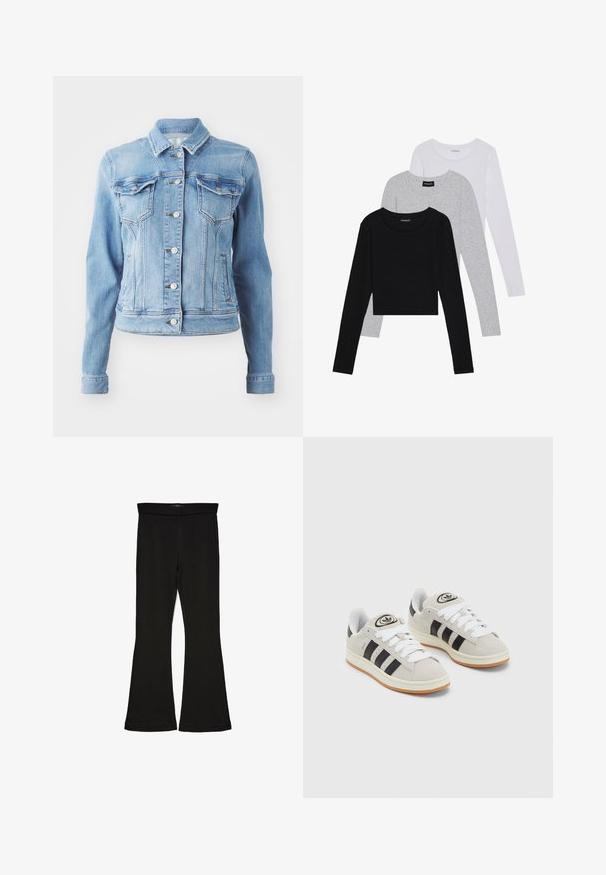 Light blue denim jacket with a fitted silhouette, two chest pockets, button closures, and classic collar. Smooth texture, slightly distressed accents.; Three long-sleeve tops stacked: black, grey, and white. Each has a round neckline and a cropped design with smooth, lightweight fabric.; Black flare leggings made from stretchy fabric. Features a wide waistband and a smooth texture, with a fitted silhouette that flares at the hem.; Gray suede sneakers with white laces, black stripes, and a white rubber sole. Features a circular logo on the tongue and a gum sole.