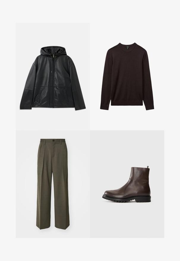 Jachetă din piele neagră, cu fermoar și glugă, având două buzunare frontale cu fenta, expusă plat pe un fundal alb.; Reiss Pulover - dark bordeaux; Filippa K WIDE TROUSERS - Pantaloni - driftwood; Botină din piele maro, cu o textură netedă, panouri elastice pe laterale, buclă în partea din spate și talpă din cauciuc robustă.