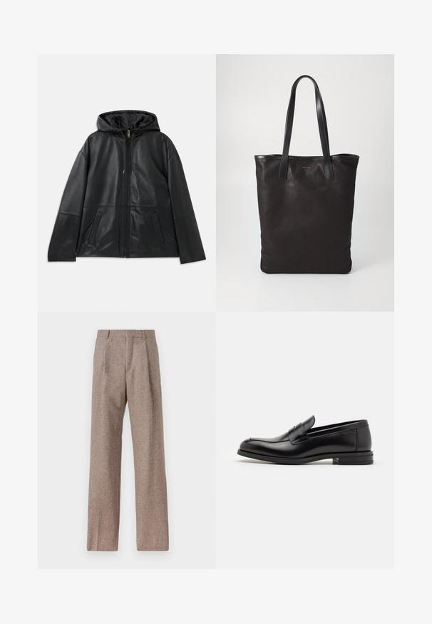 Černá kožená zipová bunda s kapucí a dvěma předními klínovými kapsami, vystavená na bílém pozadí.; Světle modrá košile s dlouhými rukávy, špičatým límcem, černými knoflíky a unikátním výřezem vpředu pro výjimečný design.; Hnědé kalhoty s vysokým pasem vyrobené z texturované látky. Mají široké nohavice a dva přední sklady pro strukturu. Úhledné provedení bez viditelné kovových částí.; Černé kožené polobotky s hladkou texturou, zaoblenou špičkou a zdobným páskem přes nárt. Nízký stohovaný podpatek, minimalistický design.; Černá plátěná taška s černými koženými uchy. Jednoduchý design, prostorné tělo a hladký povrch. Žádné viditelné loga ani vzory.