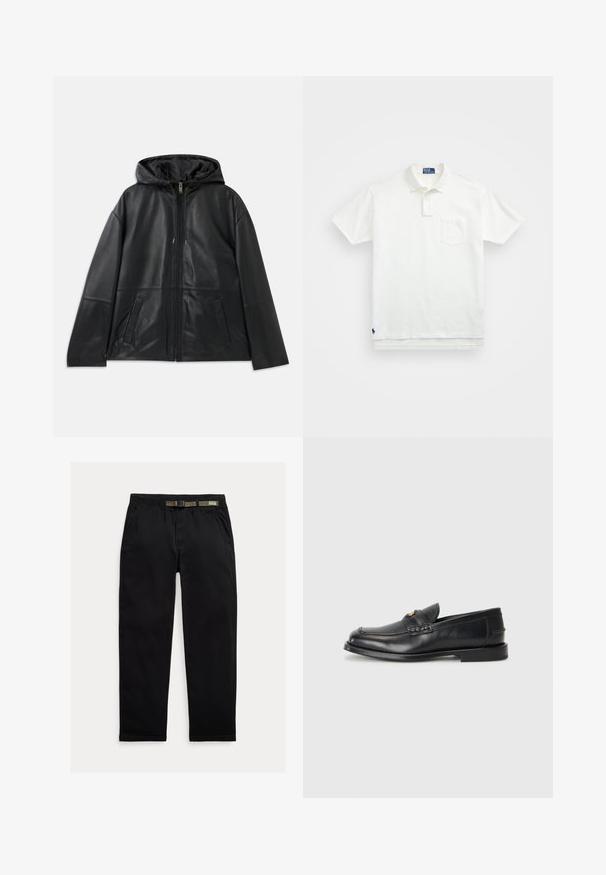 Chaqueta de cuero negra con cremallera y capucha, con dos bolsillos frontales, exhibida plana sobre un fondo blanco.; Camisa polo blanca de algodón, con un collar clásico, una tapeta de tres botones y un bolsillo en el pecho izquierdo; pequeño logo en el dobladillo.; Pantalones negros de tela ligera, con una cintura elástica que incluye un cinturón verde integrado, corte recto y bolsillos laterales.; Mocasines de cuero negro con punta redonda, detalles de costura y un pequeño acento dorado en la parte frontal. La suela es plana y discreta.