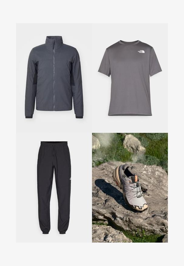Berghaus GUIDE HYBRID - Outdoorjakke - grey/jet black; Grå kortermet treningst-skjorte laget av glatt, lett stoff. Har en hvit logo på venstre brystområde. Rund halsdesign.; Sorte idrettsbukser laget av lett stoff, med snor i livet, sidelommer og smale mansjetter ved anklene.; Lys grå terrengløpesko med beige detaljer, teksturert overdel, sorte snørebånd og markert mønster på sålen. Inkluderer merkevarelogo.