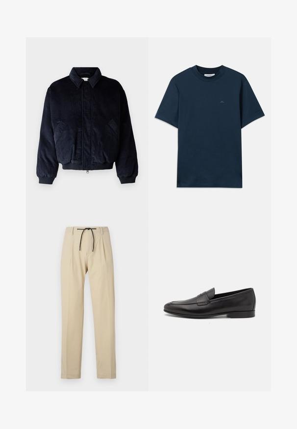 Henrik Vibskov SHAPE - Blusão aviador - dusk ink; T-shirt de algodão azul-marinho com gola redonda, mangas curtas e um logótipo discreto estampado no peito. Textura suave e corte clássico.; Calças bege com corte reto, apresentando um cós com cordão, frente plissada e textura suave. Design simples e versátil.; Sapatilha masculina em couro preto, com salto baixo e um design clássico com tira de moeda, apresentada em perfil lateral sobre um fundo branco.