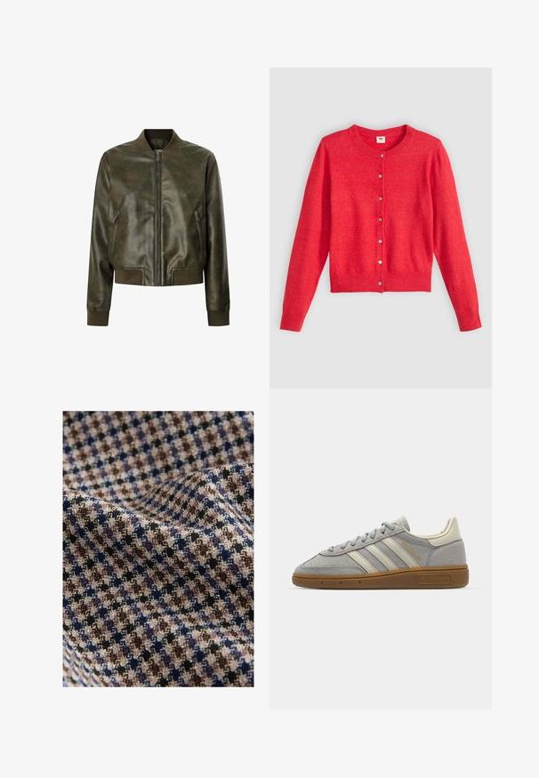 Olive zelena usnjena bombarderska jakna s sprednjim zadrgo, rebrastimi manšetami in robom. Ima stranske žepe in gladko, sijočo teksturo.; Rdeča jopica iz mehke tkanine z okroglim izrezom, dolgimi rokavi in zapenjanjem z gumbi spredaj. Ima usklajene gumbe.; Sivina peplum majica s strukturiranim, bezrukavnim dizajnom. Izrađena od glatkog materijala, s vertikalnim šavovima i ravnim dekolteom.; Tkanina s karo vzorcem v barvah bež, rjava, mornarsko modra in črna z teksturiranim zaključkom. Mehka in zrahljana podoba.; Sive športne copate iz semiša z svetlosivimi usnjenimi črtami in gumijastim podplatom. Značilnosti vključujejo vezalni sistem in subtilno blagovno oznako na jezičku.