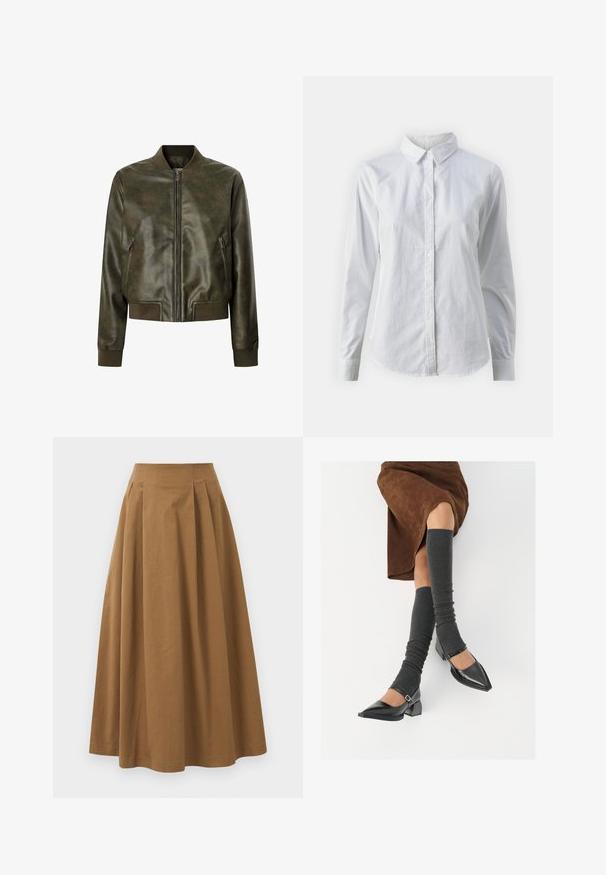 Maslinasto zeleni kožna bomber jakna s prednjim patentnim zatvaračem, rebrastim manžetama i rubom. Sadrži bočne džepove i glatku, sjajnu teksturu.; Bjela košulja na dugih rukava od glatkog pamuka, s klasičnom kragnom i zakrivljenim rubom. Dugmad su mala i bijela.; Smeđa pamučna suknja A kroja s visokim strukom, koja ima nabore sprijeda i glatku teksturu. Završetci donjeg ruba su čisti i jednostavni.; Crne lakirane cipele s šiljastim prstima, blok-petom i remenom oko gležnja, uparene s sivim rebrastim čarapama do koljena i smešnom suknjom od antilopa.