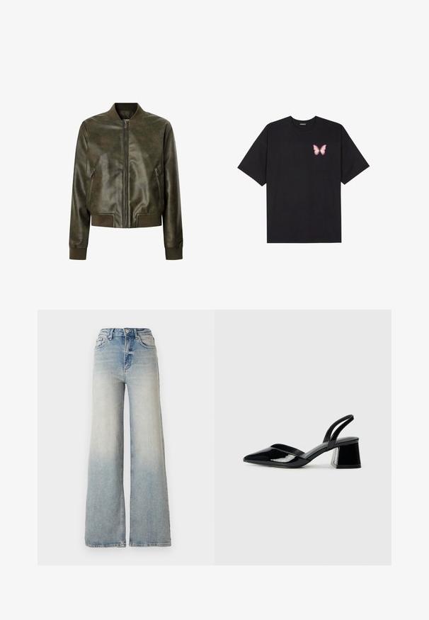 Olivgrön läderbomberjacka med framdragkedja, ribbade ärmslut och nederkant. Har sidofickor och en slät, glänsande yta.; Svart bomullströja med korta ärmar, med en liten rosa fjärilsgrafik på vänster bröst. Rundad halsdesign med en avslappnad passform.; Ljusblå vida jeans gjorda av denim, med hög midja, fem fickor och synlig sömnad längs sömmarna.; Svarta lackläder slingback klackar med spetsig tå och geometrisk klack. Har en elegant, minimalistisk design och slät yta.
