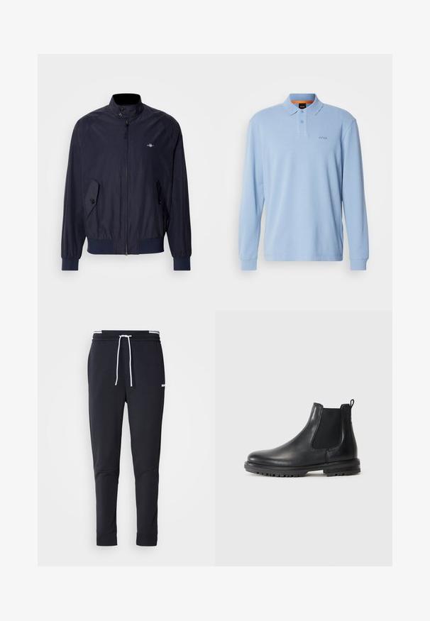 Tumesinine tuulepea jope kõrge kraega, tõmblukuga ja kahe nööbiga küljetaskuga. Sile tekstuur ja elastsed mansetid.; Hele sinine pika varrukaga polo särk tekstuurse kangaga, krae ja kahe nööbiga, millel on rinnal brodeeritud "BOSS" logo.; Mustad must-fit spordipüksid valge paelaga, elastse vöökohtaga valgete triipudega ja väikese valge logoga ülemisel reiel.; Must musta Chelsea saapad elastsete külgpaneelidega, tõmbetagatisega, ümmarguse varbaga ja robustse tallaga, millel on haardekabiinid.