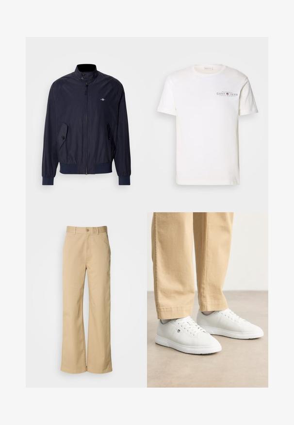 Tamsiai mėlynas vėjalenkis su aukštu apykakle, užtrauktuku ir dviem sagutėmis uždarytomis šoninėmis kišenėmis. Lygus audinys ir elastingi rankogaliai.; Balta medvilninė marškinėlių su apvalia apykakle, trumpomis rankovėmis ir spaudiniu. Pasižymi minimalistiniu dizainu ir laisvu kirpimu.; Smėlio spalvos, plačios kojos kelnės, pagamintos iš medvilnės mišinio. Yra mygtuko uždarymas ir diržo kilpos. Lygus paviršius, minimalūs siūlių detalės.; Baltos odinės sportbačiai su lygia apdaila, su apvalia nosimi, nėriniais ir subtiliu logotipo detaliu šone, derinami su béžinėmis kelnėmis.
