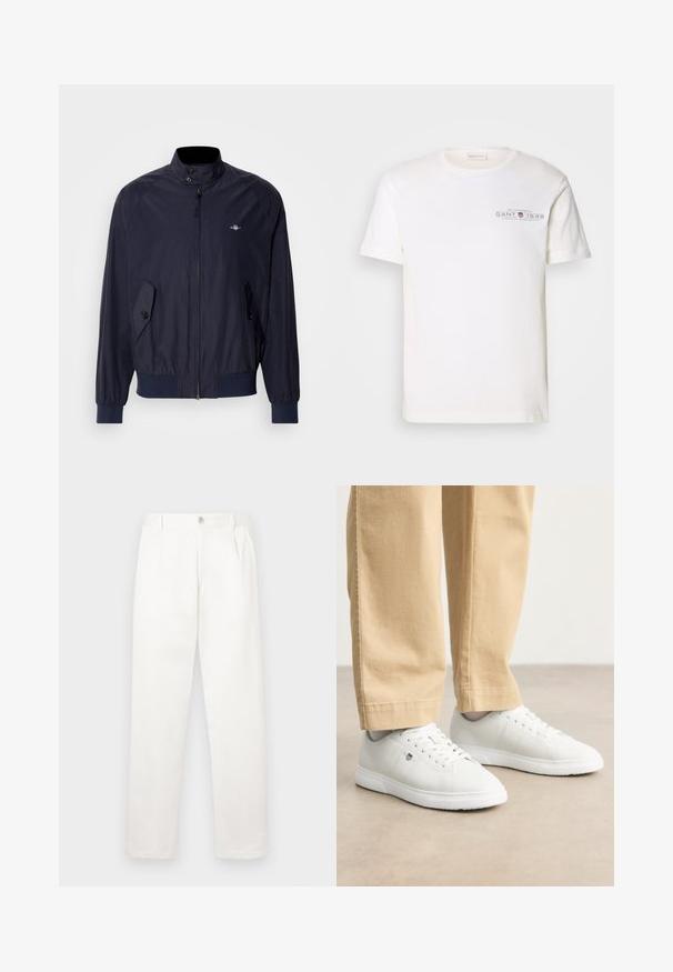 Granatowa kurtka przeciwwiatrowa z wysokim kołnierzem, zapinana na zamek, z dwiema bocznymi kieszeniami na guziki. Gładka tekstura i elastyczne mankiety.; Biała bawełniana koszulka z okrągłym dekoltem, krótkimi rękawami i nadrukowanym logo. Charakteryzuje się minimalistycznym wzornictwem i luźnym krojem.; Białe spodnie wykonane z gładkiego materiału, charakteryzujące się prostym krojem nogawki, plisami z przodu oraz pojedynczym zapięciem na guzik w pasie.; Białe skórzane sneakersy o gładkim wykończeniu, z okrągłym noskiem, sznurowanym designem i subtelnym logo po boku, w połączeniu z beżowymi spodniami.