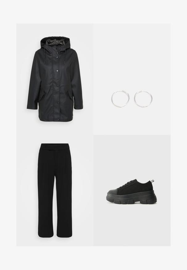 Μαύρο αδιάβροχο jacket με κουκούλα, μπροστινούς κουμπωτές κλαμπ, ρυθμιζόμενη κουκούλα με κορδόνι, και δύο τσέπες με καπάκι και κουμπώματα.; Γκρι κοντό πουλόβερ από υφή πλέξιμο, με στρογγυλή λαιμόκοψη και μακριά μανίκια. Το ύφασμα φαίνεται μαλακό και ζεστό.; Μαύρο παντελόνι με φαρδιά γραμμή από λεία ύφασμα, διαθέτοντας επίπεδο μπροστινό μέρος, θηλιές ζώνης και χωρίς ορατές τσέπες. Καθαρός, κομψός σχεδιασμός.; Μαύρα αθλητικά παπούτσια με χοντρή καουτσουκένια σόλα, υφασμάτινη υφή στην κορυφή, στρογγυλή μύτη και σχέδιο με κορδόνια. Διαθέτουν ενισχυμένα δαχτυλίδια και λαβή στο πίσω μέρος.; Ασημένια σκουλαρίκια κρίκοι με κομψό, στρογγυλό σχέδιο, που διαθέτουν λεία επιφάνεια και χωρίς ορατά διακοσμητικά στοιχεία. Η διάμετρος δεν αναφέρεται.