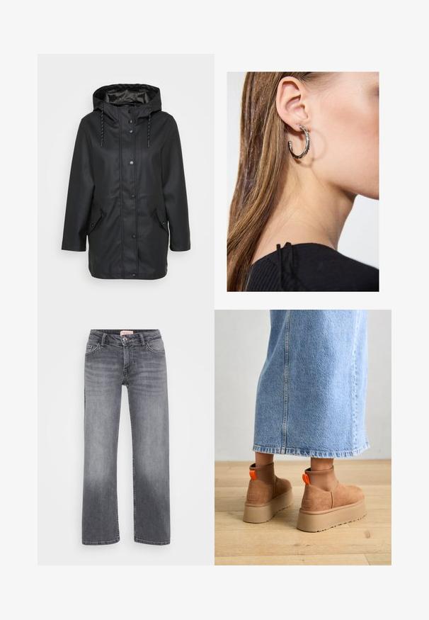 Svart vanntett hettejakke med frontknapper, justerbar hette med snor, og to klaffelommer med knappe-lukking.; Even&Odd Petite 2 PACK - Topper - light grey/black; Grå denimjeans med rett ben-design, fem-lomme stil, subtil falming, og knappelukking i midjen.; Brune semska plattformstøvler med elastiske sidepaneler og orange rekkehalser, parret med en knelange lys denimskjørt på et tregulv.; Sølv ringøredob med en polert finish, med små gull detaljer og en rund form, båret på øreflippen.