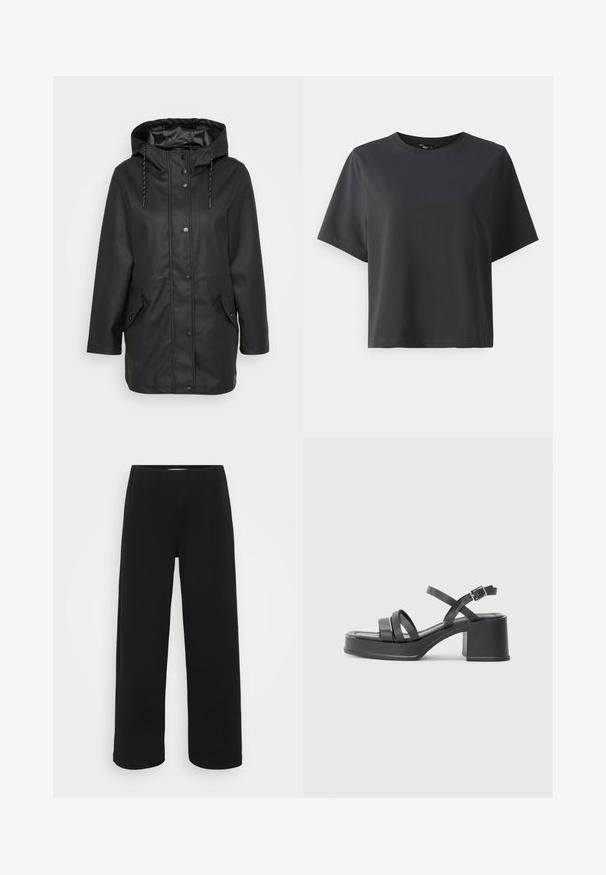 Črna vodoodporna jakna s kapuco in sprednjimi gumbi na zapenjanje, nastavljiva kapuca z vrvico ter dva žepa na poklopcu z gumbnimi zapiranji.; Črna bombažna majica, kratki rokavi, krojeni ovratnik, sproščenega kroja, gladka tekstura, preprost dizajn, brez vzorcev ali dodatkov.; Črne široke hlače s elastičnim pasom. Narejene iz teksturiranega materiala, se ponašajo z ohlapnim krojem in ravnim rezom od kolkov do roba.; Črne pete sandale z več ozkimi trakovi in okroglo prstjo. Peta je kvadratne oblike z gladko teksturo. Nastavljiva zaponka.