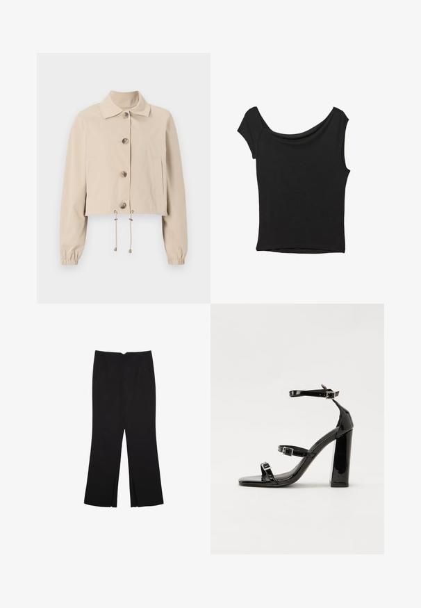 Beige verkürzte Jacke mit einem Kragen, großen vorderen Knöpfen, elastischen Bündchen und einem Kordelzugsaum. Mit seitlichen Taschen.; Schwarzes Kurzarmoberteil aus glattem Stoff; hat einen drapierten Ausschnitt und einen asymmetrischen Saum, mit einem figurbetonten Körper.; Schwarze Hose mit geradem Schnitt, ausgestattet mit Fronttaschen und Seitenschlitzen am Saum. Hergestellt aus weichem, glattem Stoff. Geeignet für verschiedene Anlässe.; Schwarze patentierte Sandalen mit Absatz, quadratischer Spitze, Knöchelriemen und silbernen Schnallen. Mit einem stabilen Blockabsatz für mehr Stabilität.